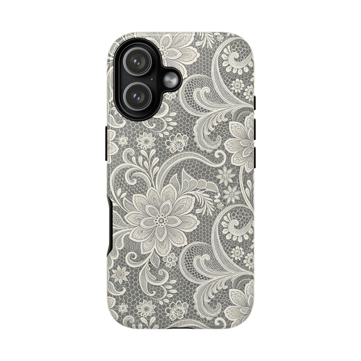 White lace print tough phone case, angled view