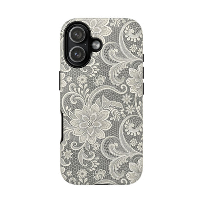 White lace print tough phone case, angled view