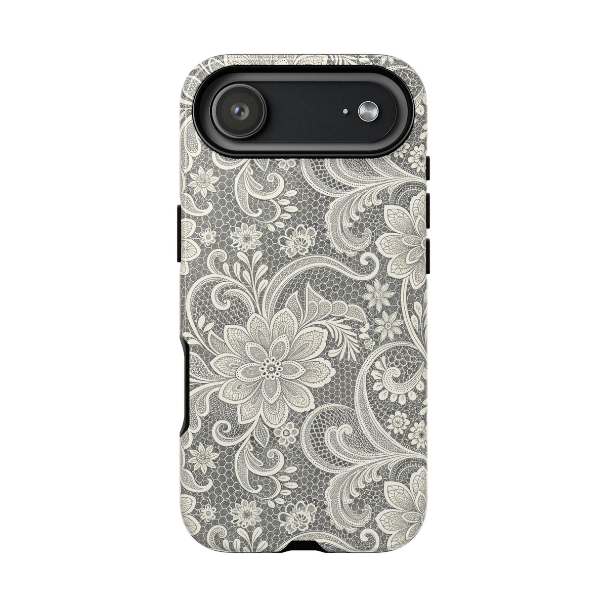 White and gray lace print tough phone case with paisley swirls, detail
