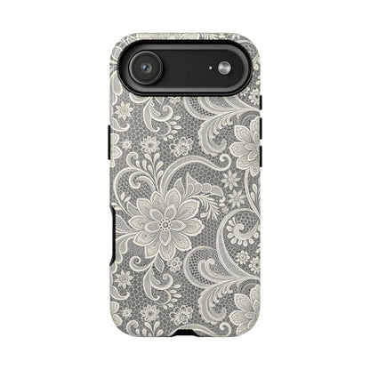 White and gray lace print tough phone case with paisley swirls, detail