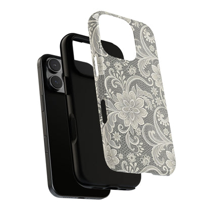 White lace print tough phone case, glossy or matte finish