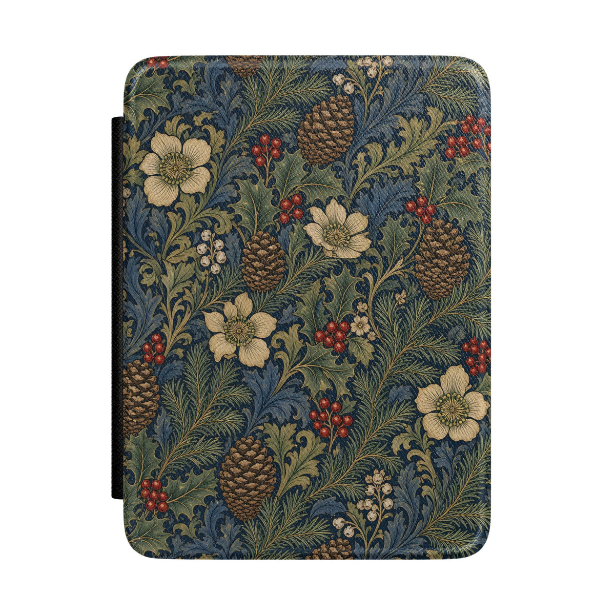 Winter botanical Kindle case with pinecones and holly on navy