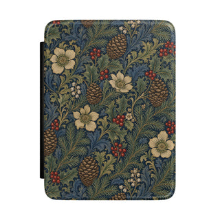 Winter botanical Kindle case with pinecones and holly on navy