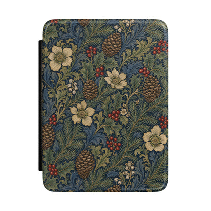 Winter botanical Kindle case with pinecones and holly on navy