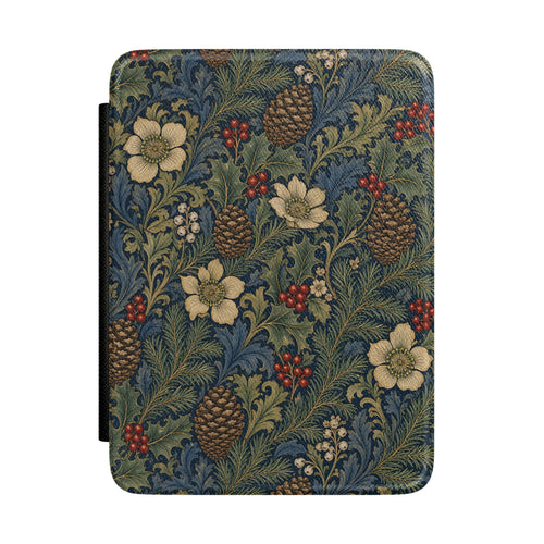Winter botanical Kindle case with pinecones and holly on navy
