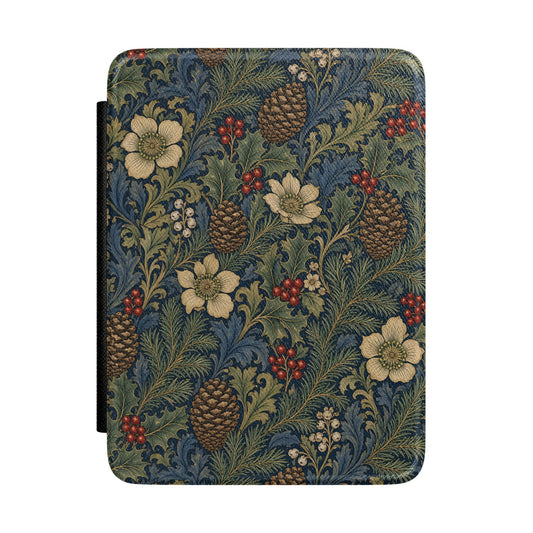 Winter botanical Kindle case with pinecones and holly on navy