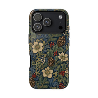 Winter botanical tough phone case in navy with pinecones and holly