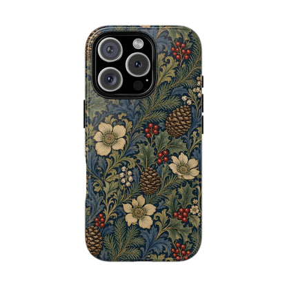 Navy winter botanical tough phone case with dual layer shell