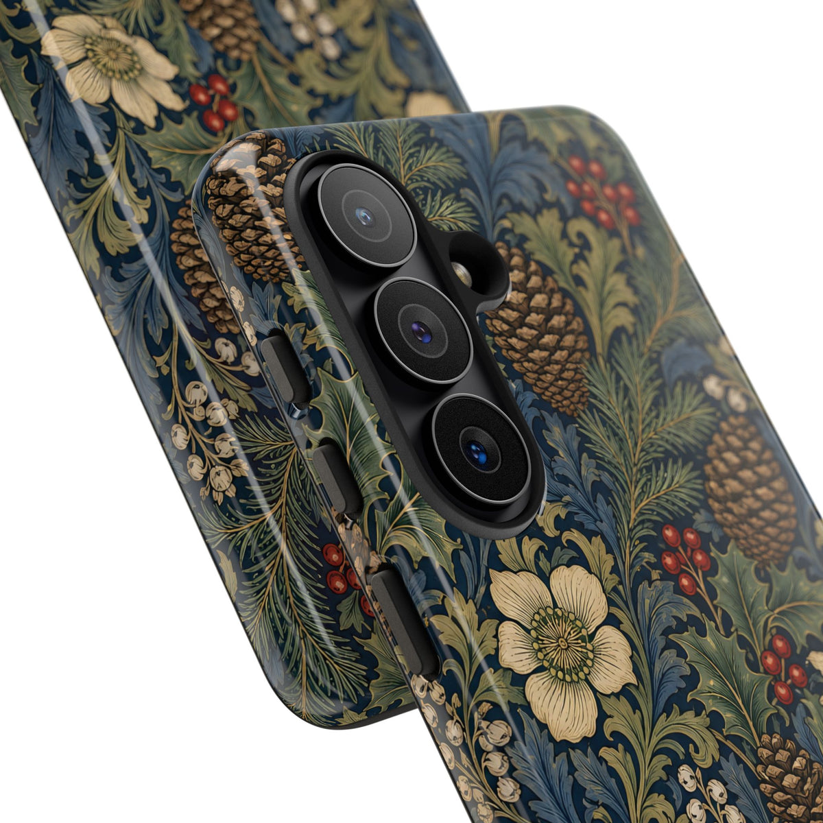 Navy winter botanical tough phone case, back view