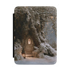 Winter fairy door Kindle case with snowy tree and glowing arched door