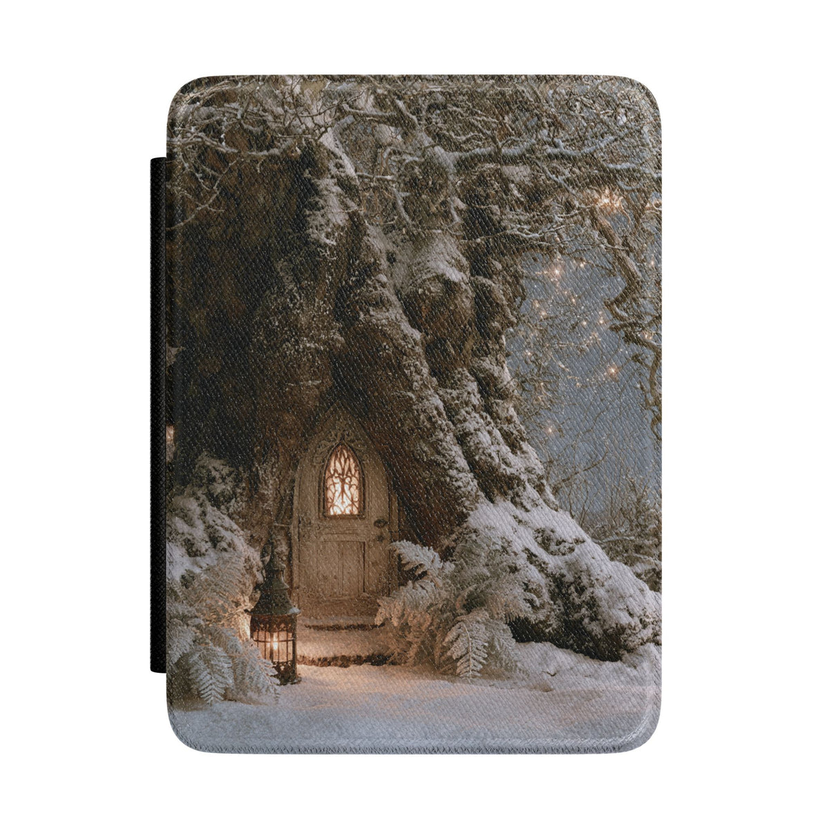Winter fairy door Kindle case with snowy tree and glowing arched door
